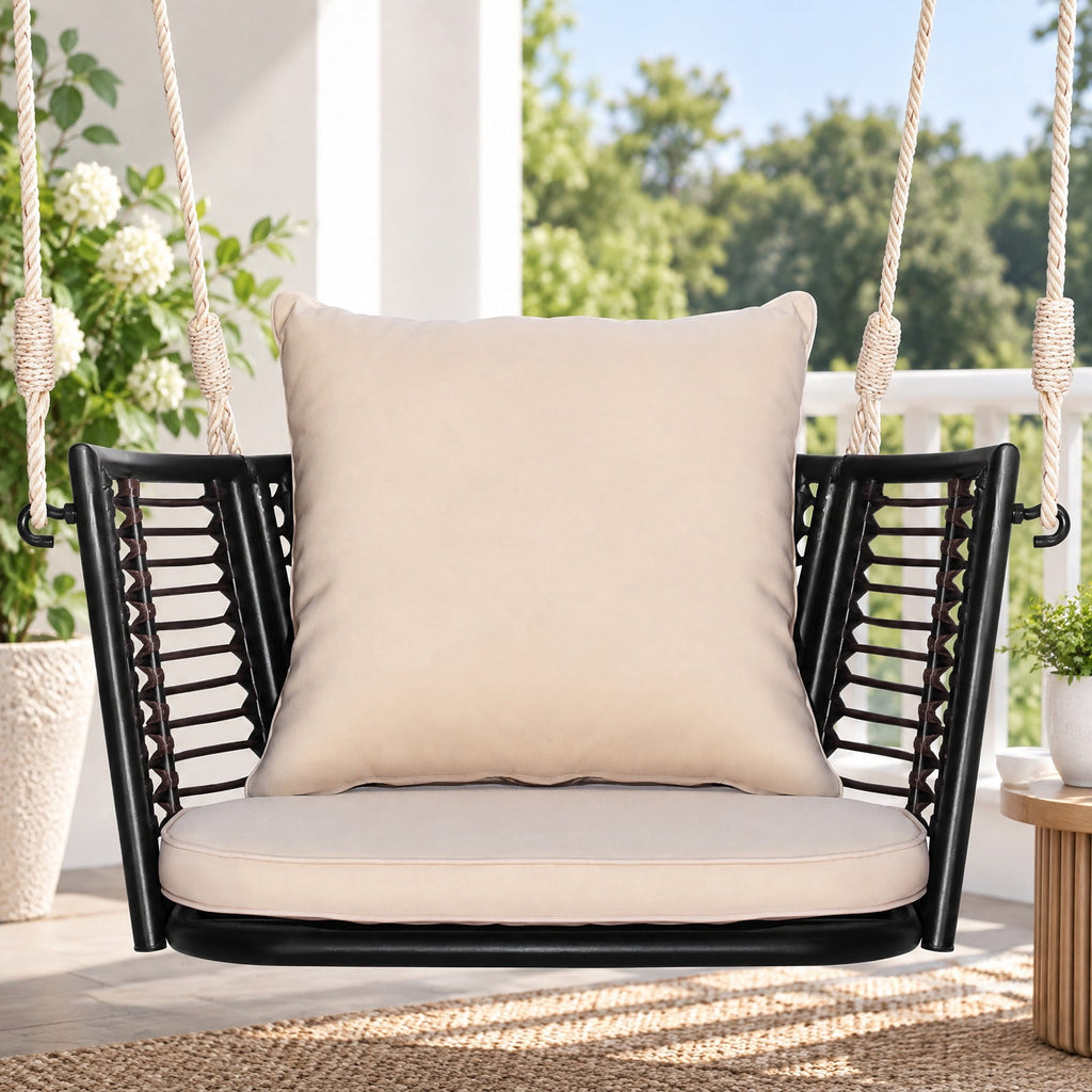 Airfind Single Person Hanging Seat with Woven Rattan Backrest for Backyard, 400 lbs Capacity, 30.5 x 24.5 x 15 Suitable Hanging Footprint