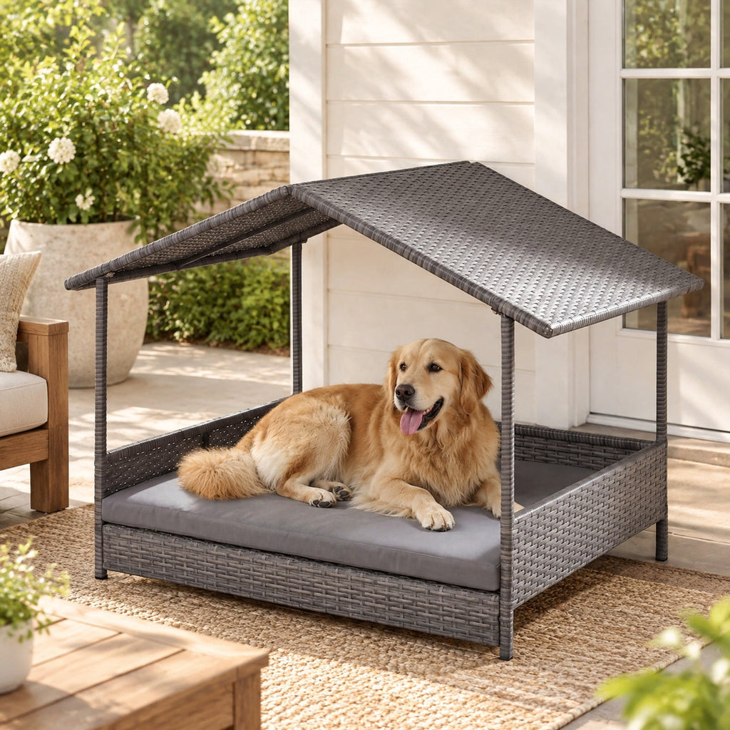Airfind Wicker Dog House Elevated PE Rattan Dog Bed with Canopy, 165 lbs Capacity, PE Rattan Metal Polyester Fabric Sponge Frame, Gray