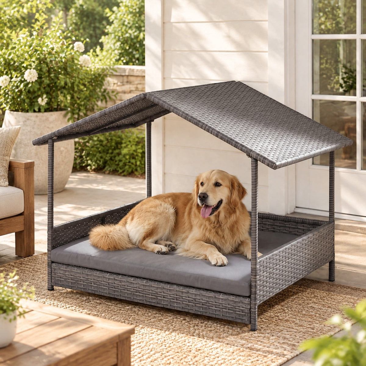 Airfind Wicker Dog House Elevated PE Rattan Dog Bed with Canopy, 165 lbs Capacity, PE Rattan Metal Polyester Fabric Sponge Frame, Gray