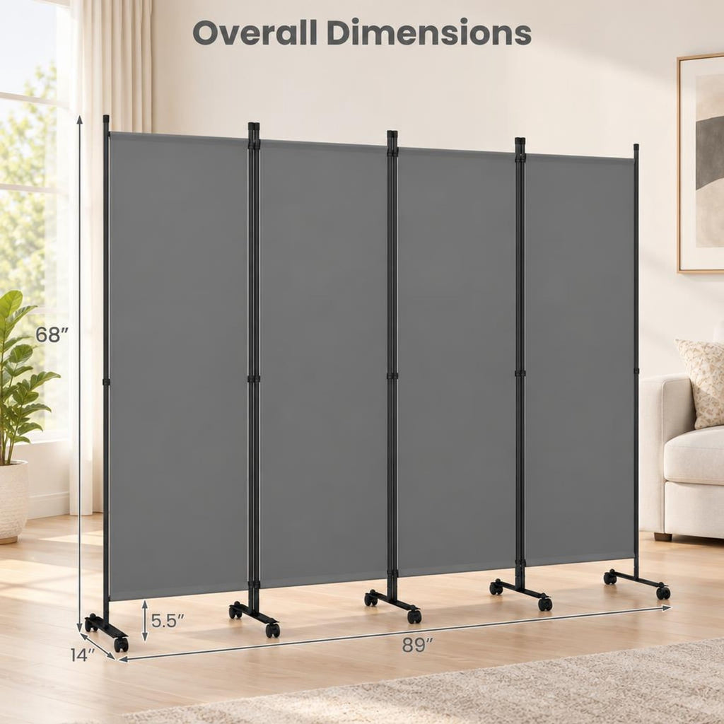 Airfind 4-Panel Room Divider with Lockable Wheels for Living Room, Polyester Fabric Metal Frame, 87in x 14in x 68in Footprint, Gray