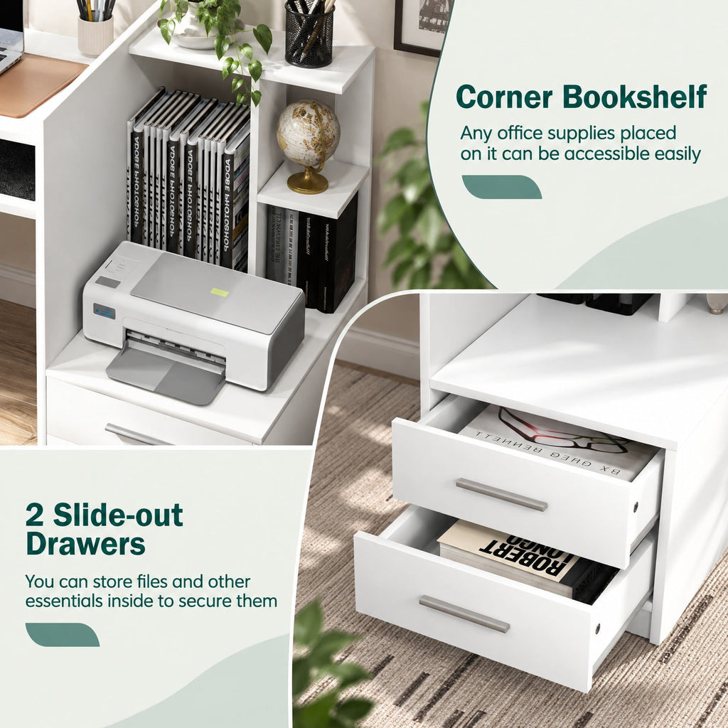 Airfind Computer Desk Home Office with Bookshelf and Drawers, 110 lbs Capacity, MDF Frame, 51 x 24 x 35.5 Footprint, White
