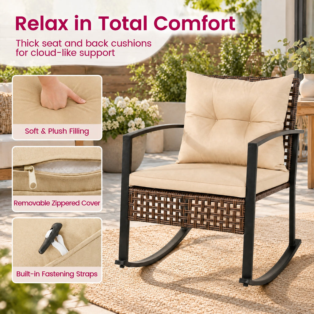 Airfind 3-Piece Outdoor Rocking Chair Set, 100 lbs Capacity, PE Rattan Metal Glass Polyester Non-woven Fabric Sponge Frame, Brown