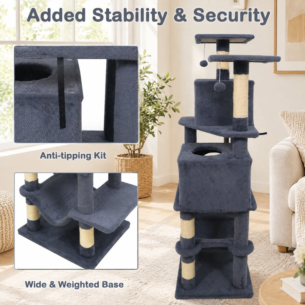 Airfind 57 Inch Cat Tree with Dual Condos and Hammock and 2 Dangling Balls, 29 x 16 Footprint, Gray