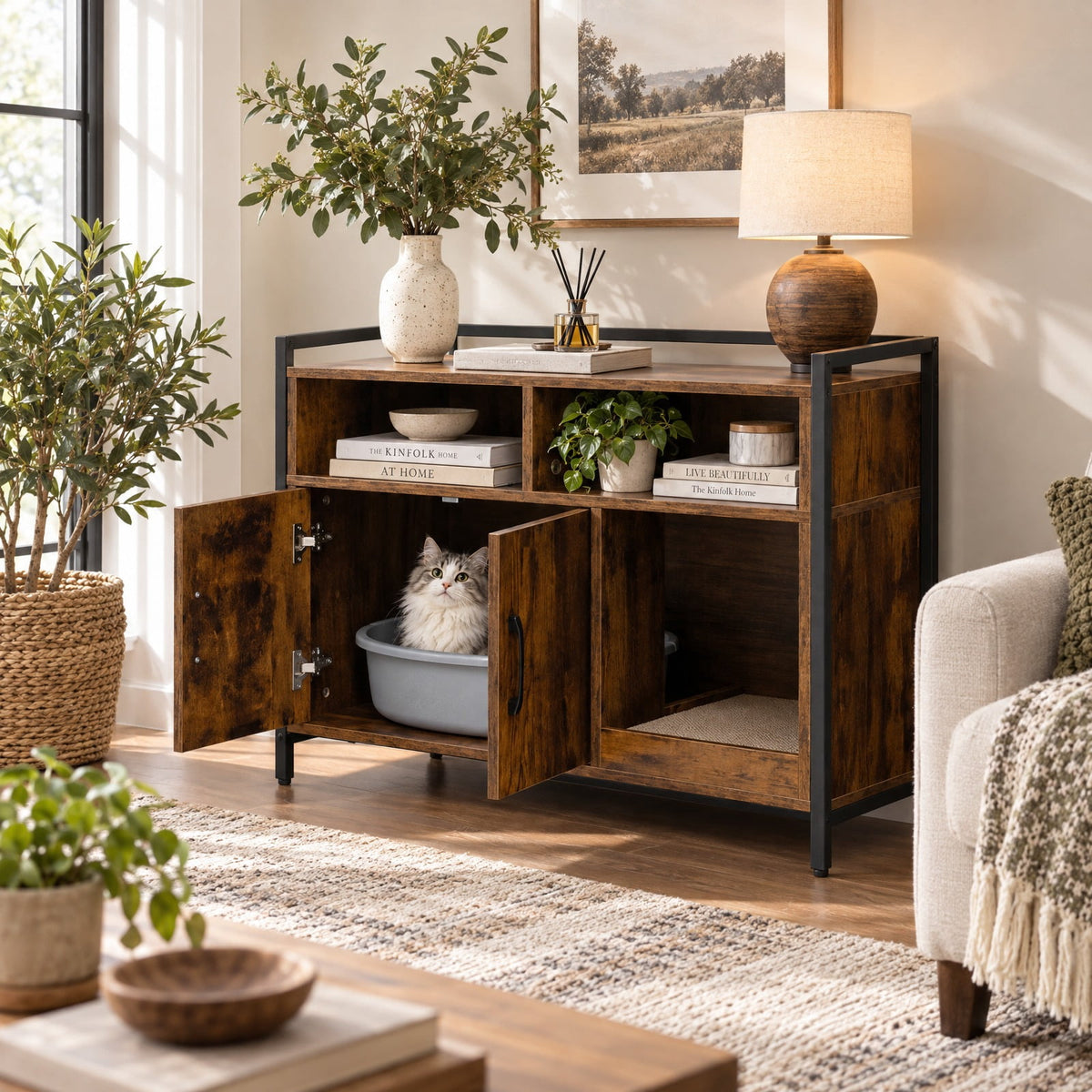 Airfind Hidden Cat Washroom with Double Doors and Scratch Cardboard, MDF Metal Frame, 35 x 17.5 x 29.5 Compartment Footprint, Coffee