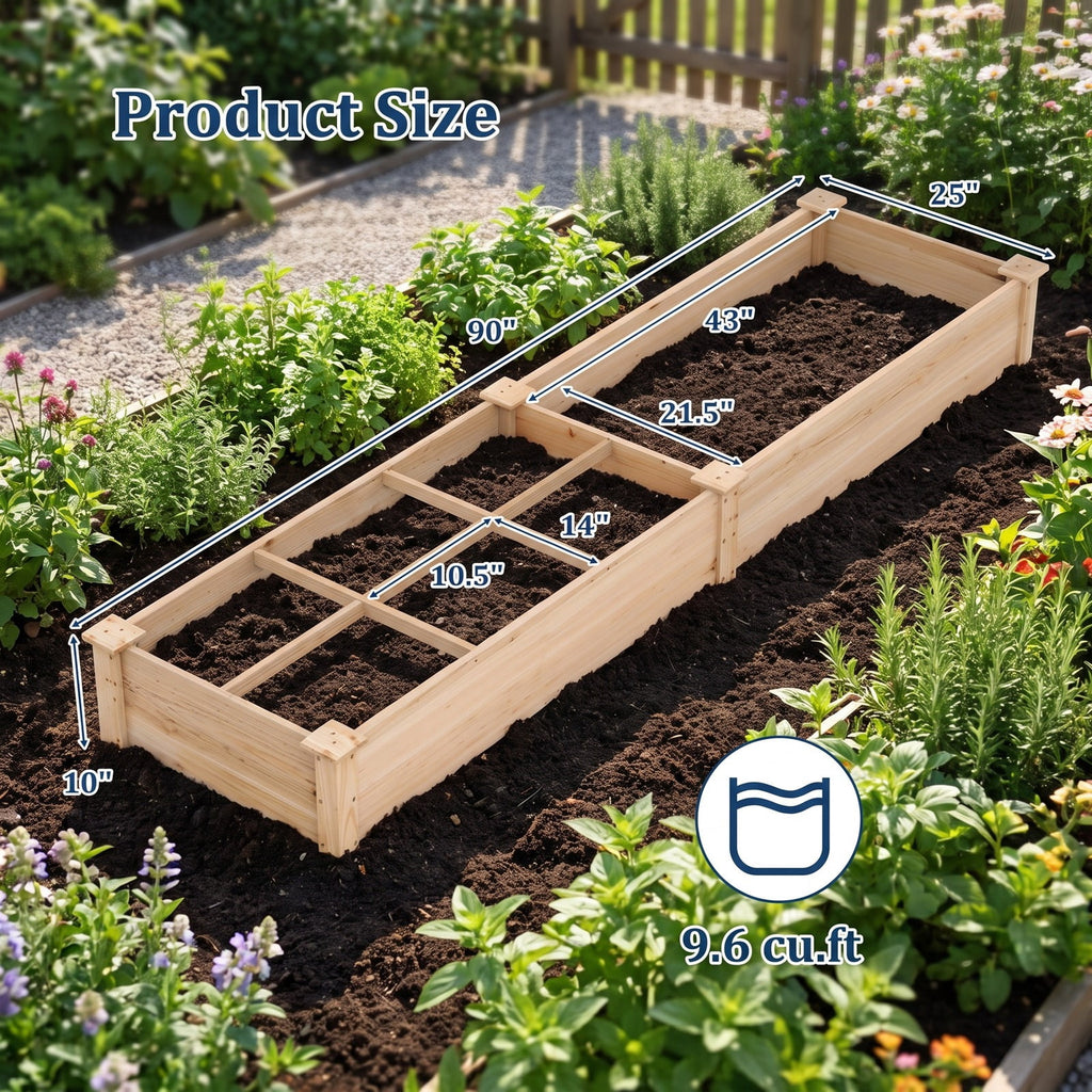 Airfind Wooden Raised Garden Bed with 2 Planter Boxes and Dividers, Fir Wood Frame, 90 x 25 x 10 (L x W x H) Interior Footprint, Natural