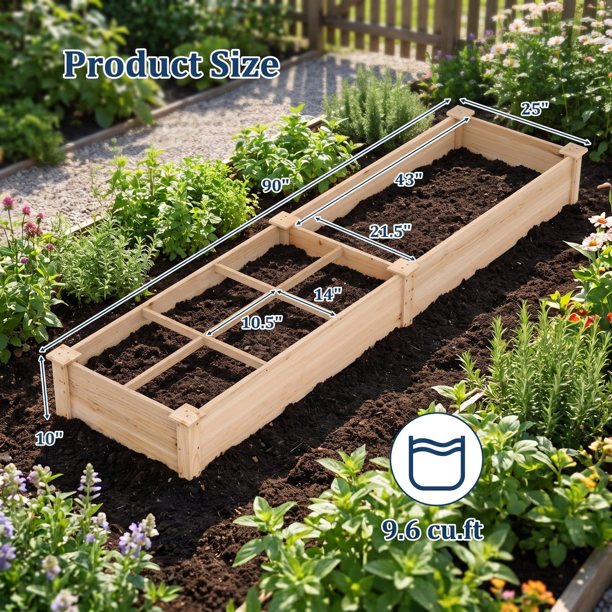 Airfind Wooden Raised Garden Bed with 2 Planter Boxes and Dividers, Fir Wood Frame, 90 x 25 x 10 (L x W x H) Interior Footprint, Natural