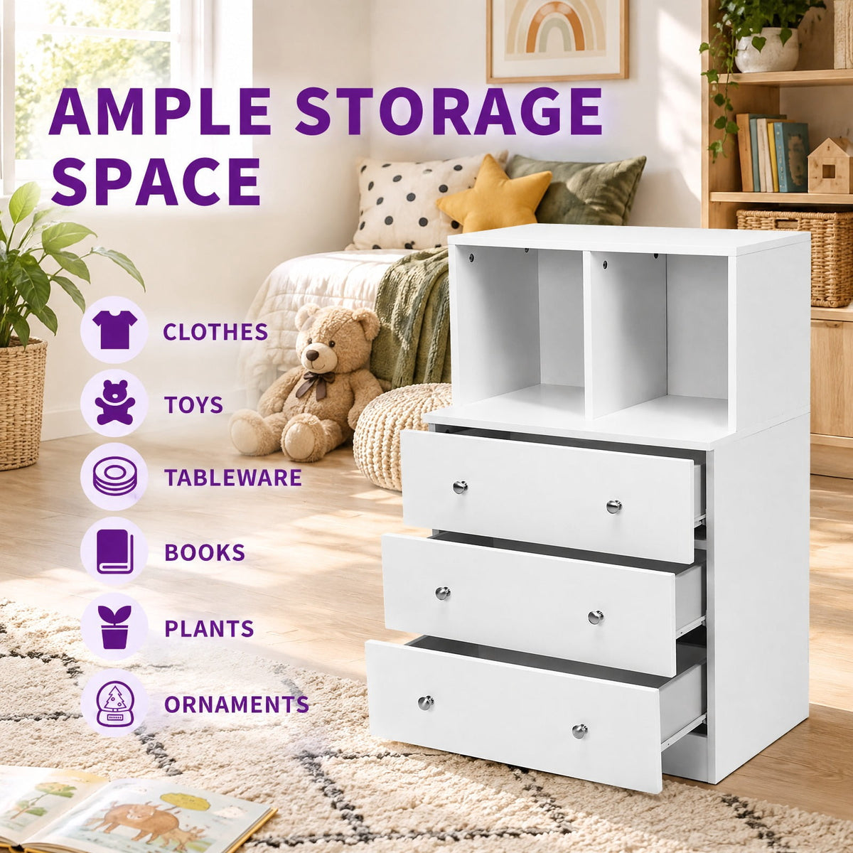 Airfind 3 Drawer Dresser with Cubbies Storage Chest for Bedroom Living Room, Engineered wood metal Frame, 24in x 16in x 37in Footprint, White