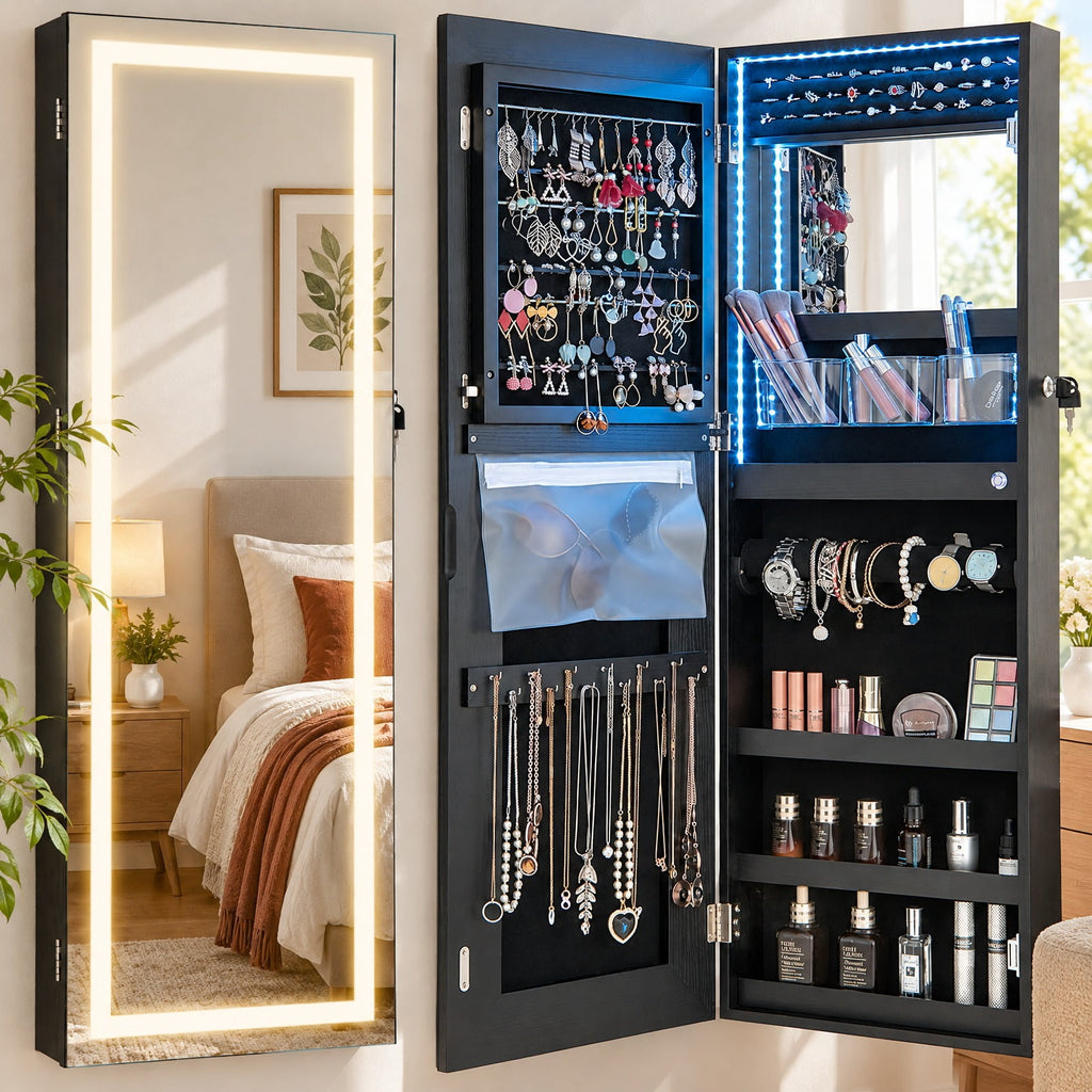 Airfind 42.5 Inches Lockable Jewelry Mirror Wall Cabinet with 3-Color LED Lights, MDF Frame, 15 x 4 x 42.5 Hook Footprint, Black