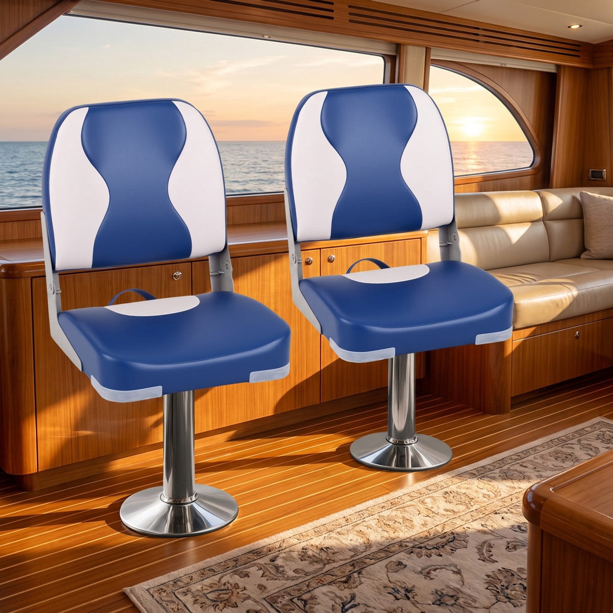 Airfind Folding Low Back Boat Seats 2 Pack with Thick Sponge Padding and Aluminum Hinges for Fishing and Cabin Boats, Blue and White