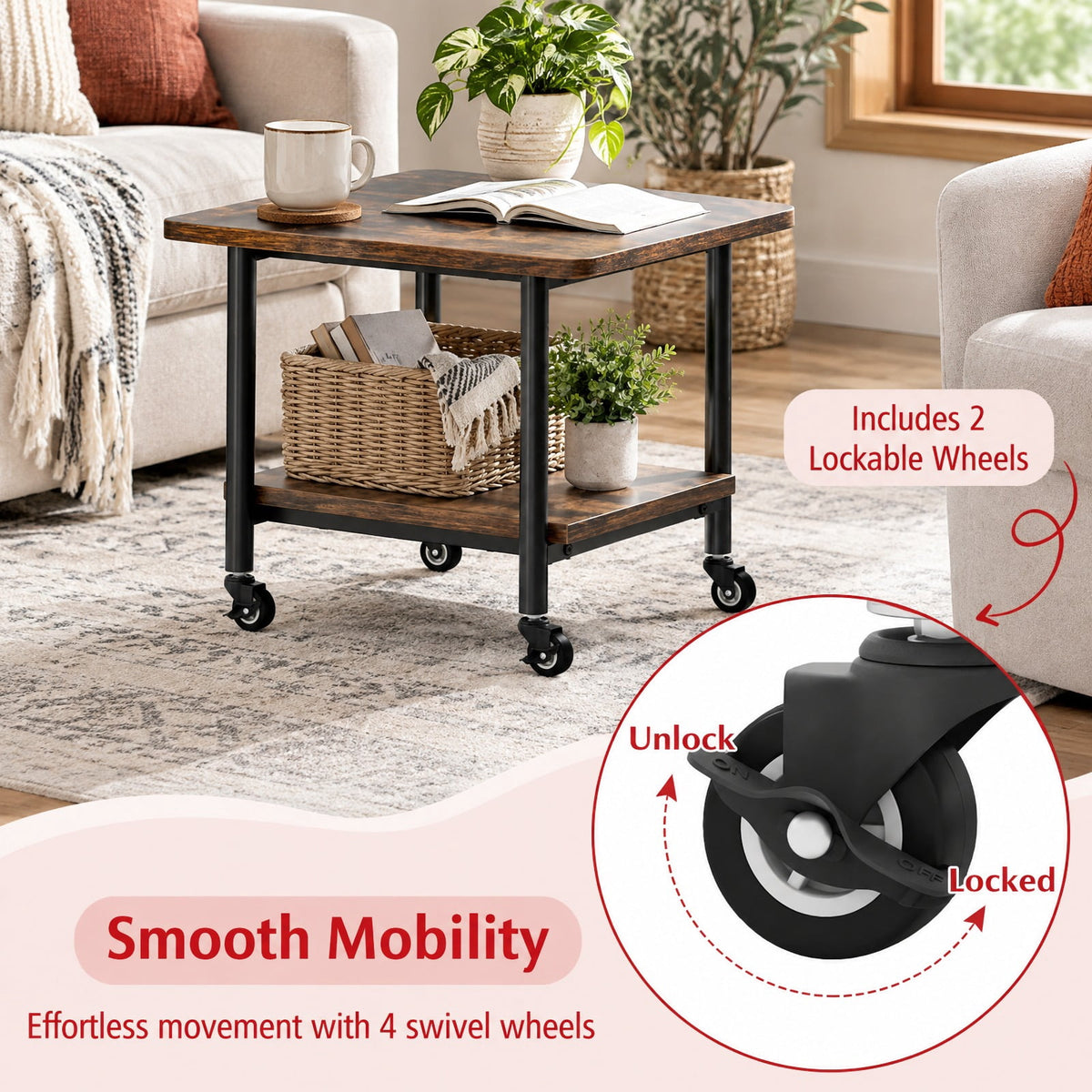 Airfind Under Desk Printer Stand with 360° Swivel Casters, 143 lbs Capacity, Engineered Wood Metal Frame, Brown