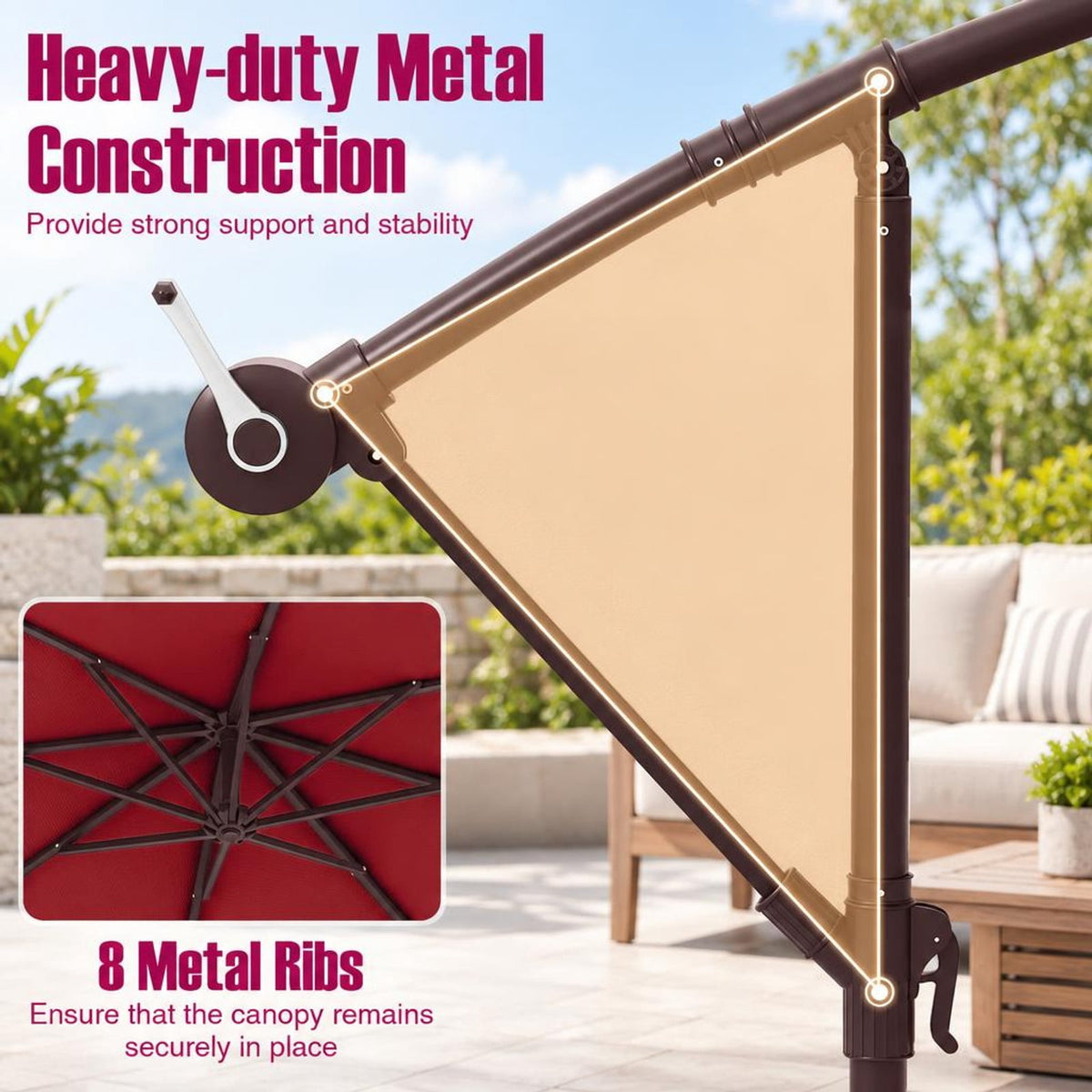 Airfind 10 Ft Patio Umbrella Offset Cantilever Umbrella with 40 Solar Powered Lights, Polyester Fabric Metal Oxford Fabric Frame, Red