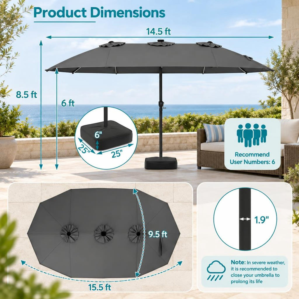 Airfind 15.5FT Extra-Large Patio Umbrella with Base 12 Reinforced Ribs, 180G Polyester Fabric Metal External Frame, Gray