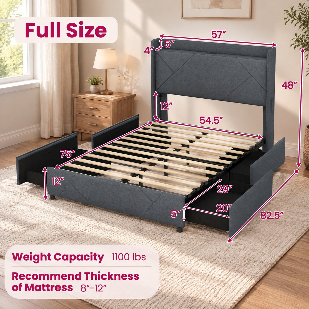 Airfind Full/Queen Size Bed Frame with LED Lights and Charging Station, 1100 lbs Capacity, 82.5 x 57 x 48 Bed Platform 75 x 54.5 Footprint