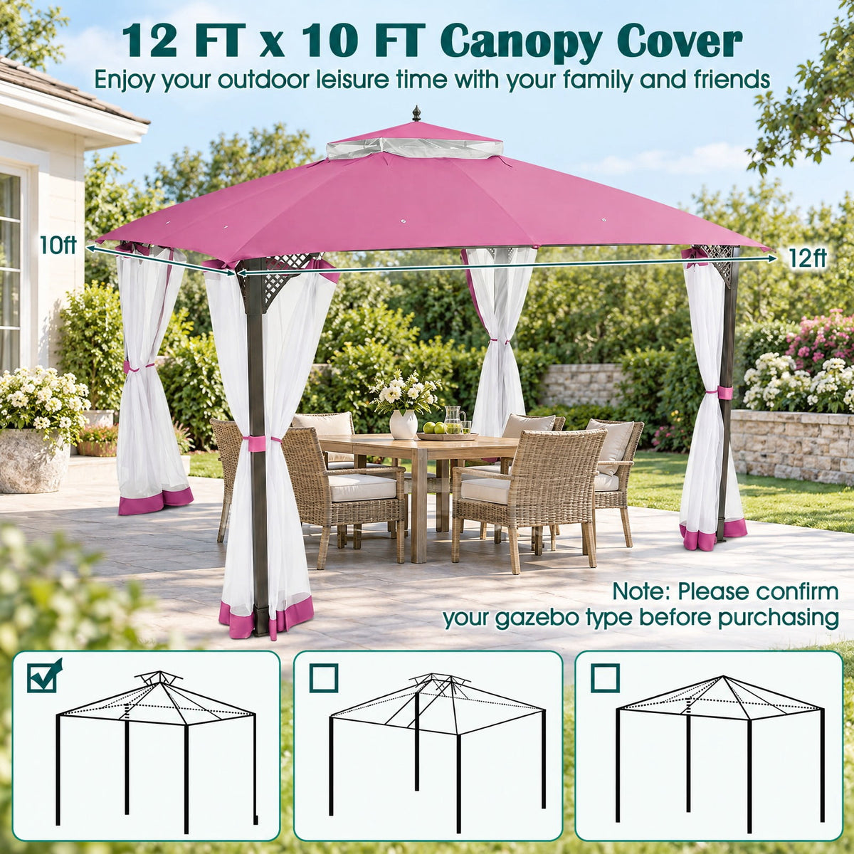 Airfind 10 x 12 Feet Gazebo Replacement Top with Air Vent and Drainage Holes, Polyester Frame, 12 ft x 10 ft Footprint, Pink