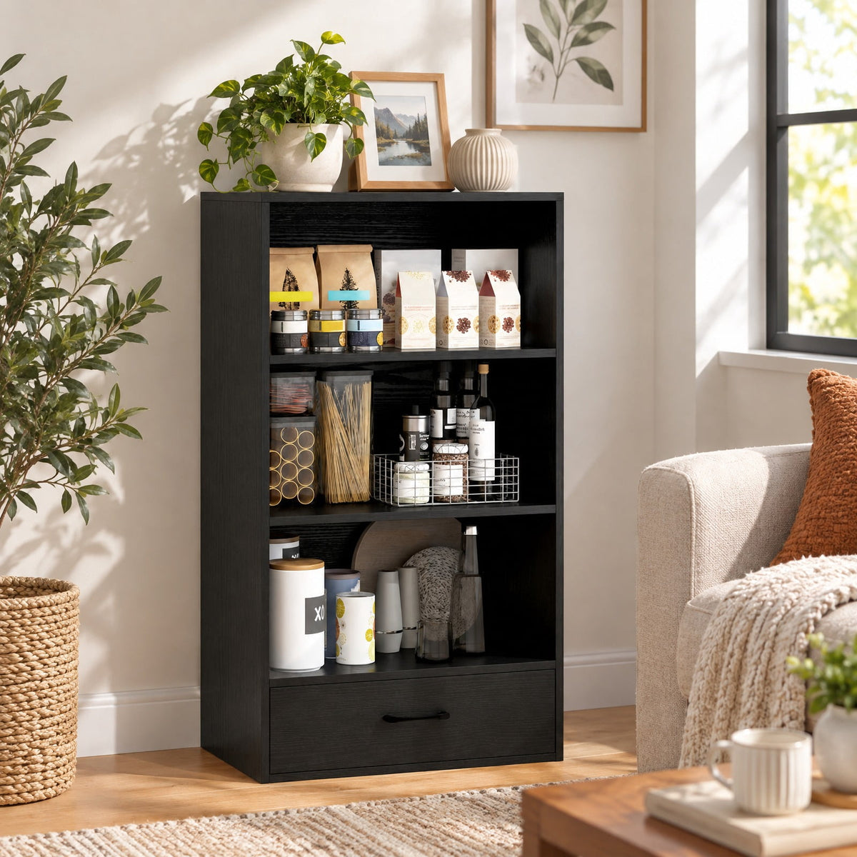 Airfind 48 Inch Tall 4 Tiers Wood Bookcase with Drawer, 88 lbs Capacity, Engineered Wood MDF Frame, 24in x 15in x 42.5in Footprint, Black