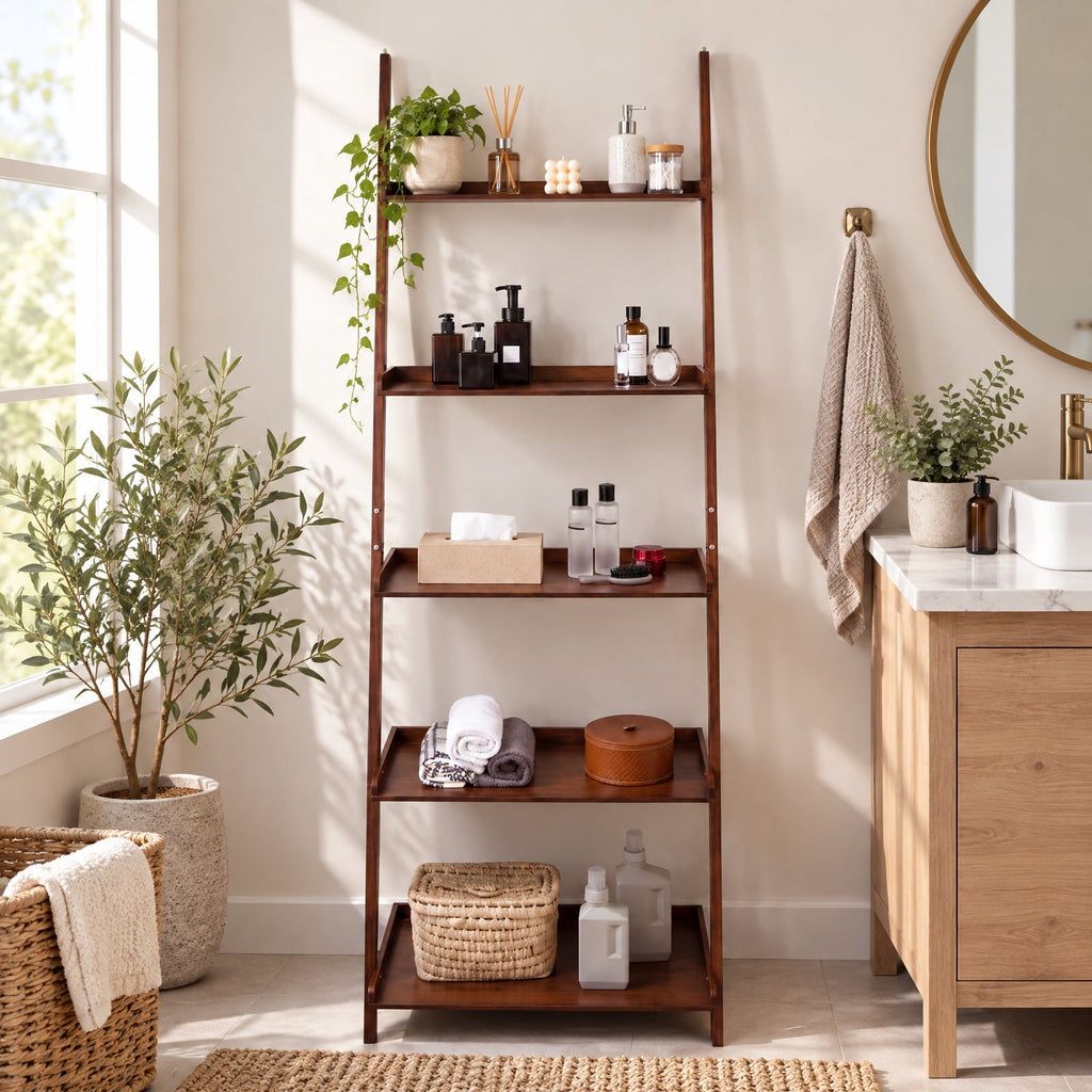 Airfind 5-Tier Ladder Shelf Bamboo Bookshelf Wall-Leaning Storage Display Plant Stand, Bamboo Frame, Walnut