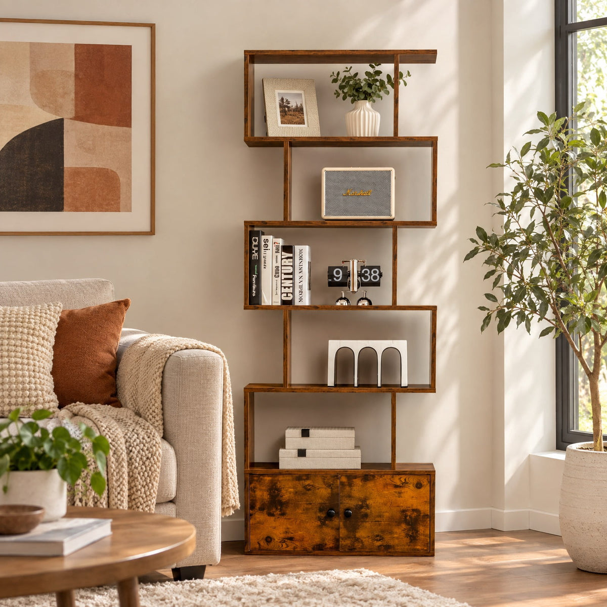 Airfind 6-Tier S-Shaped Freestanding Bookshelf with Cabinet and Doors, Engineered Wood with Engineered Wood and MDF Construction, Coffee