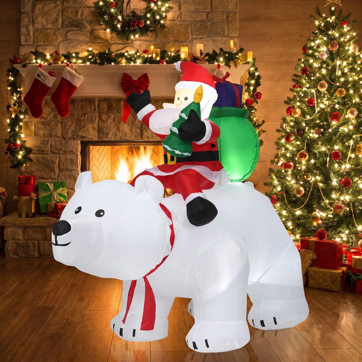 Airfind 6.5 Feet Christmas Inflatable Santa Riding Polar Bear with Shaking Head LED Lights, Polyester fabric Frame, Show in the picture