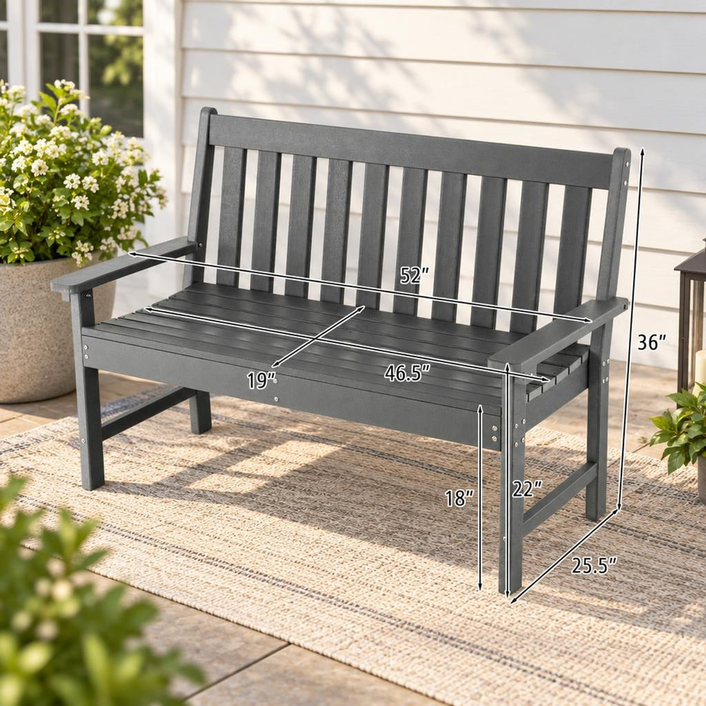 Airfind 52 Inch All-Weather HDPE Outdoor Bench with Backrest and Armrests, 705 lbs Capacity, HDPE Frame, Gray