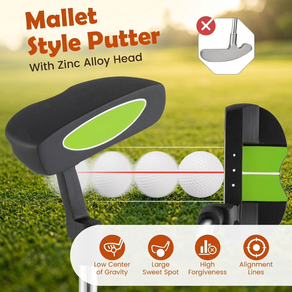 Airfind Junior Mallet Putter Golf Club for Kids 8-10 Years Old, Lightweight Zinc Alloy Head with Alignment Aid, Non-Slip Rubber Grip and Headcover, Right-Handed, Green