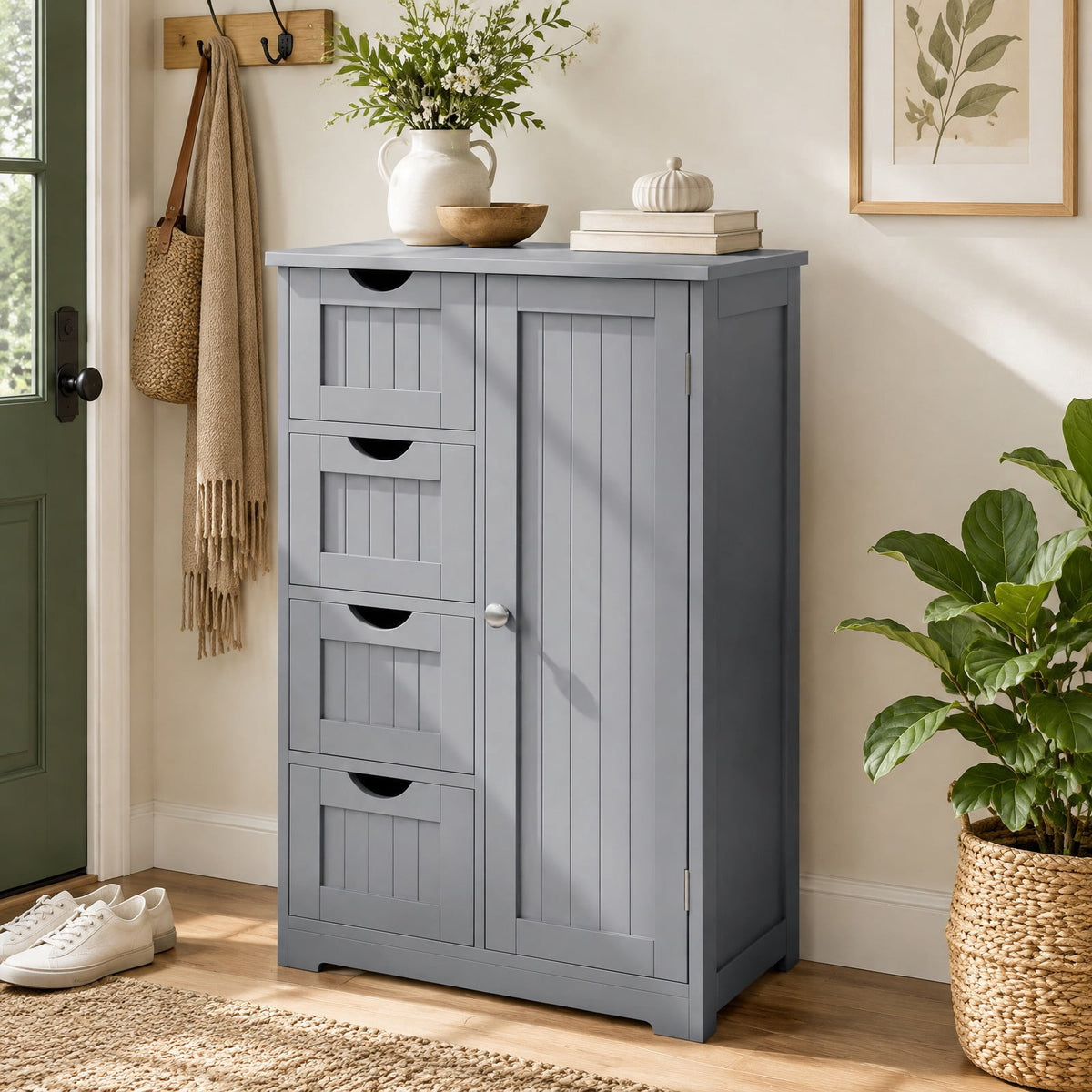 Airfind Standing Indoor Wooden Cabinet, with 4 Drawers, 143 lbs Capacity, MDF Engineered Wood Frame, 21.5 Inch x 12 Inch x 32.5 Inch Footprint, Gray