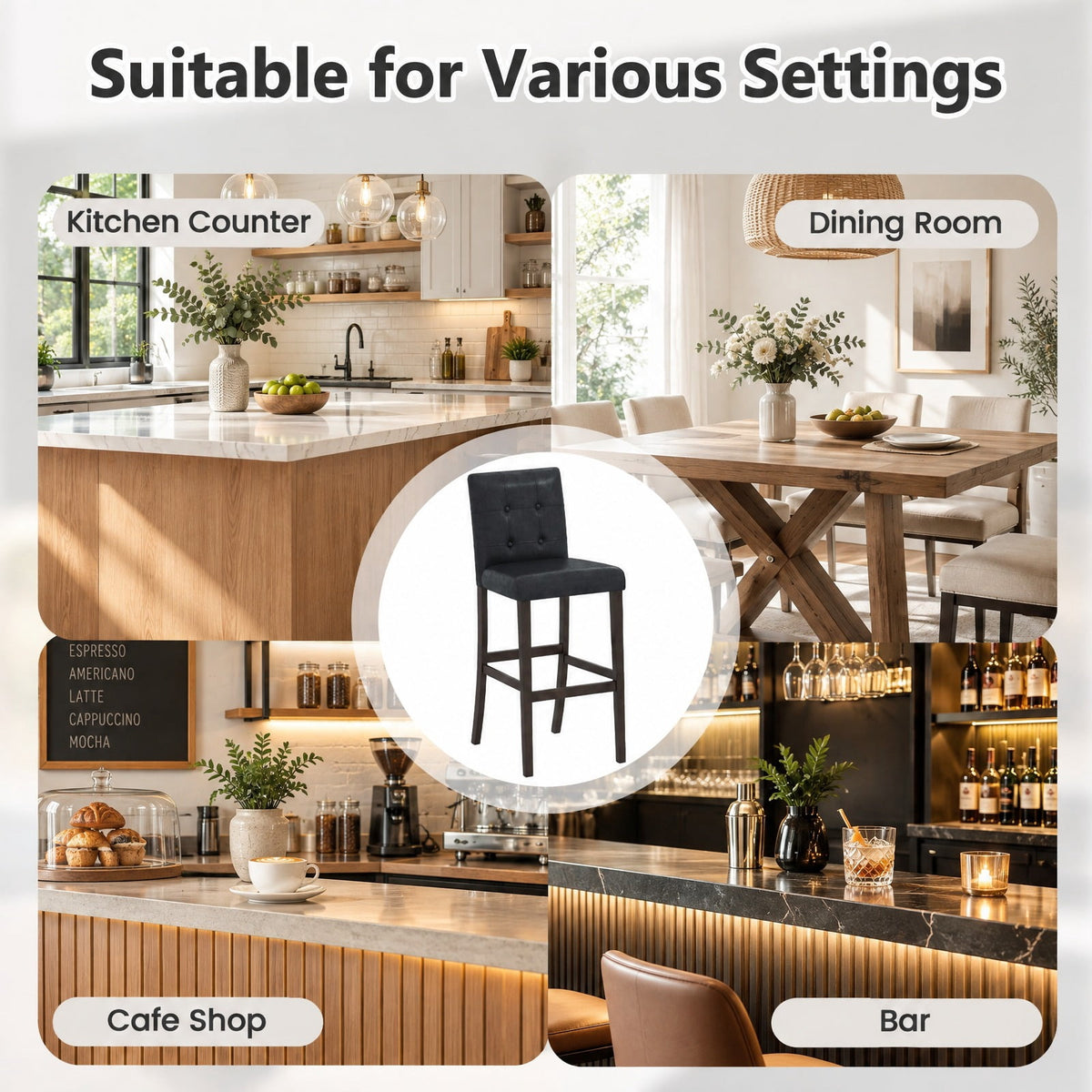 Airfind Set of 2 PVC Dining Leather Bar Stools with Solid Wood Legs-29 inches, 243 lbs Capacity, PVC rubber wood Frame, 18.5 Inch x 21 Inch x 39 Inch Footprint