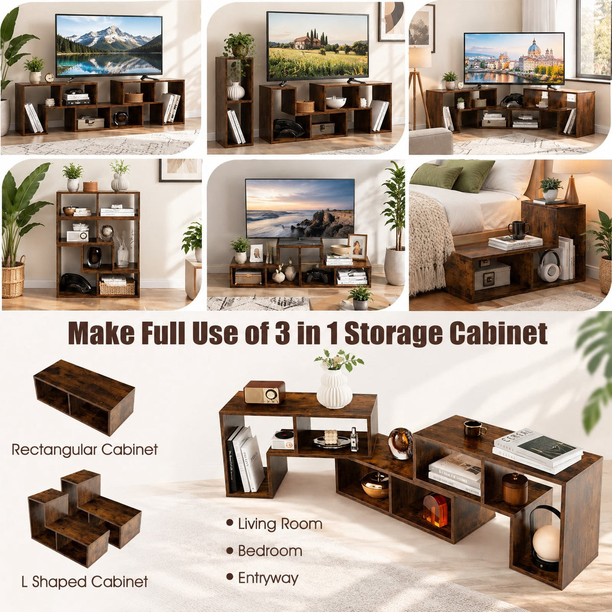 Airfind 3 Pieces Console TV Stand for TVs up to 65 Inch with Shelves, 176 lbs Capacity, Brown, Dimensions of Rectangular Shelf 26.5 x
