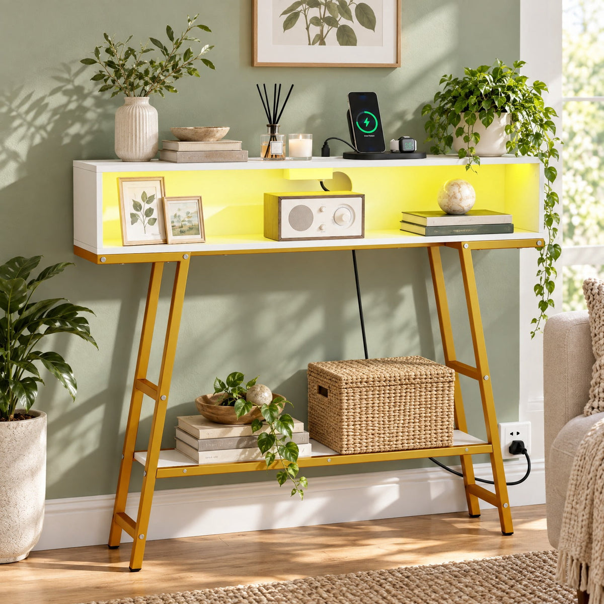 Airfind 40 Console Table with Charging Station and LED Lights, 45 lbs Capacity, Engineered Wood MDF Metal Frame, 40 x 8 x 34 Footprint, White