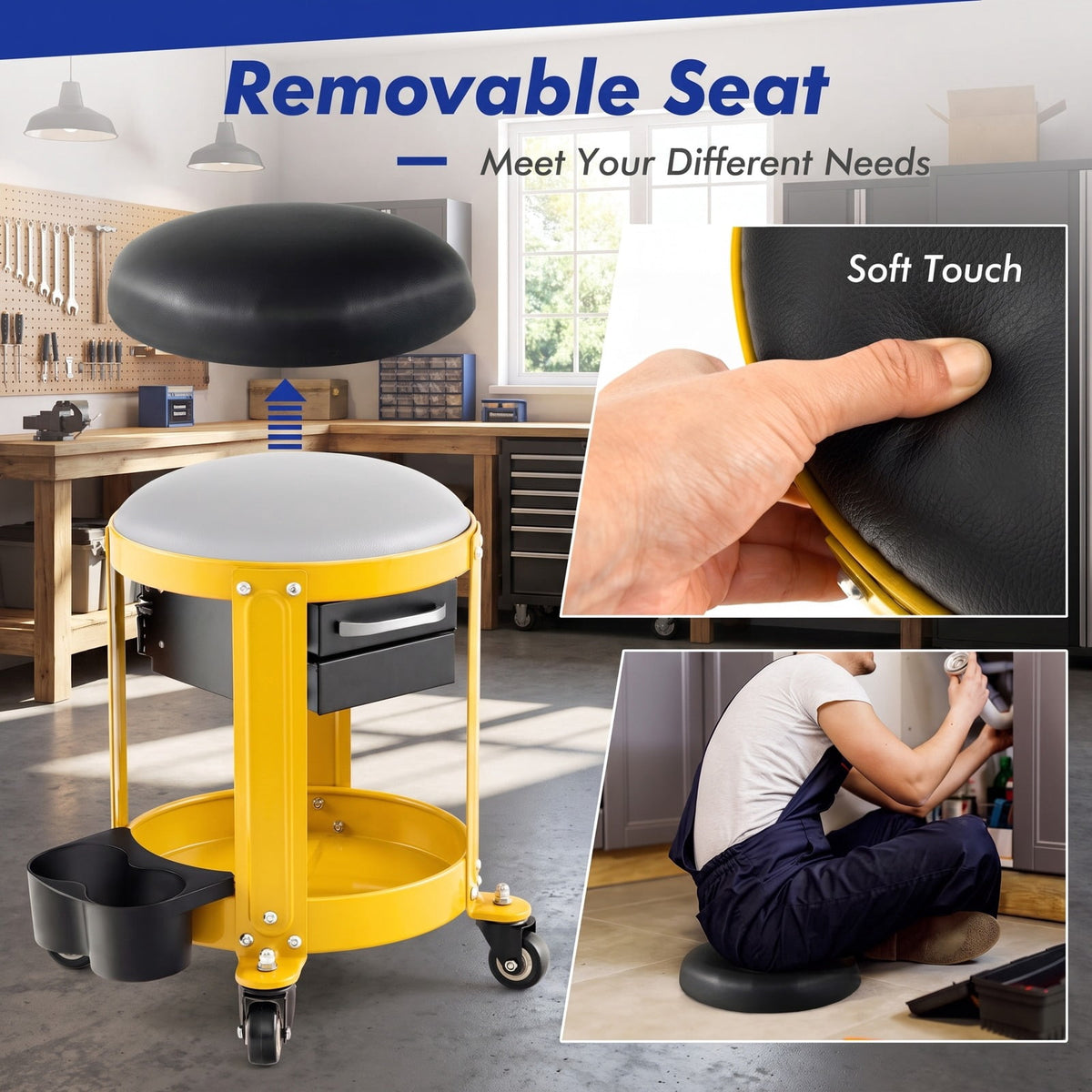 Airfind Rolling Mechanic Stool with Removable Padded Seat and Drawers, 330 lbs Weight Capacity of Tool Tray: 155 lbs Capacity, 16 x 17 Footprint
