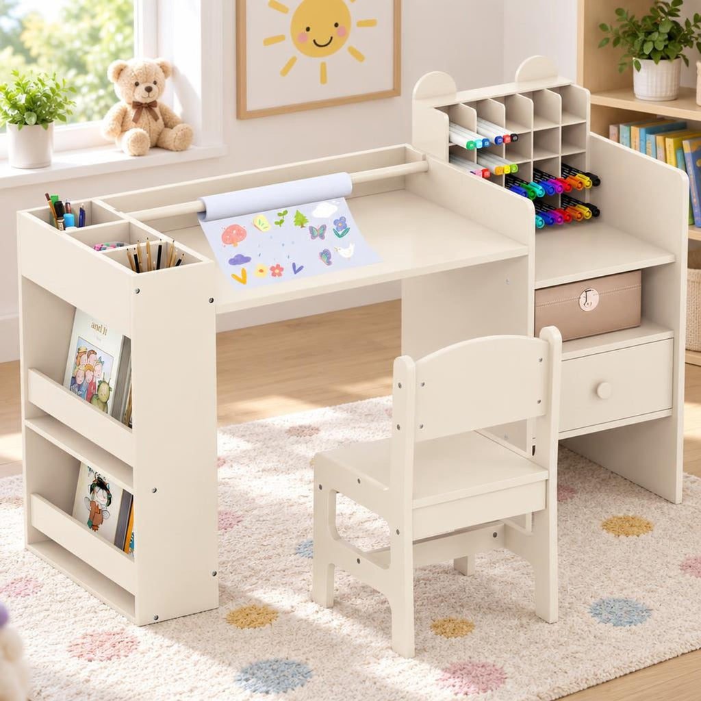 Airfind Kids Art Table and Chair Set with Detachable Paper Roll Holder and Cabinet, 66 lbs Capacity, MDF Frame, for 3+, Natural