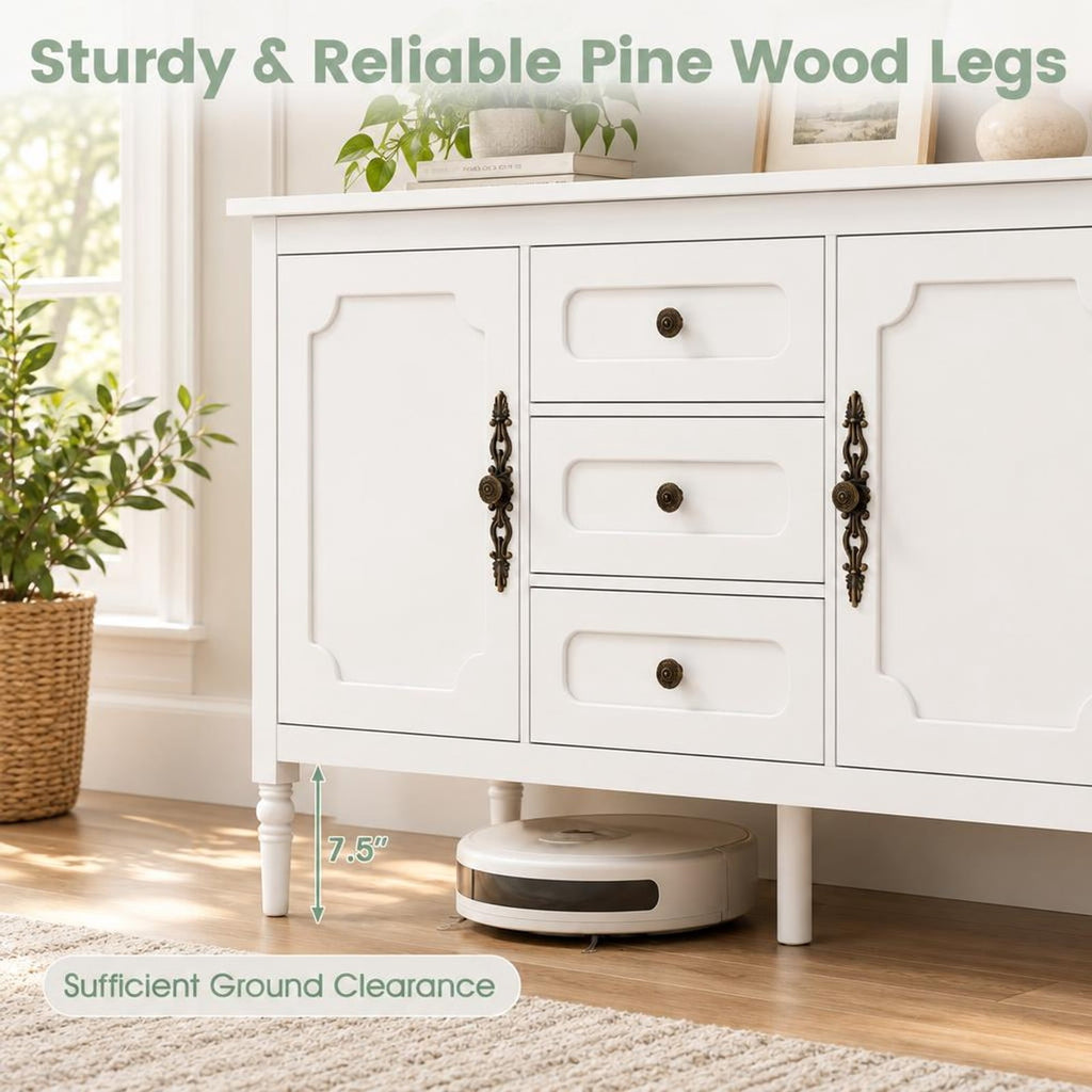 Airfind 47 Inch Vintage Buffet Cabinet with 3 Drawers 2 Cabinets and Adjustable Shelves for Dining Room, 110 Lbs Capacity, 47 Inch X 15.5 Inch X 31.5 Inch, White