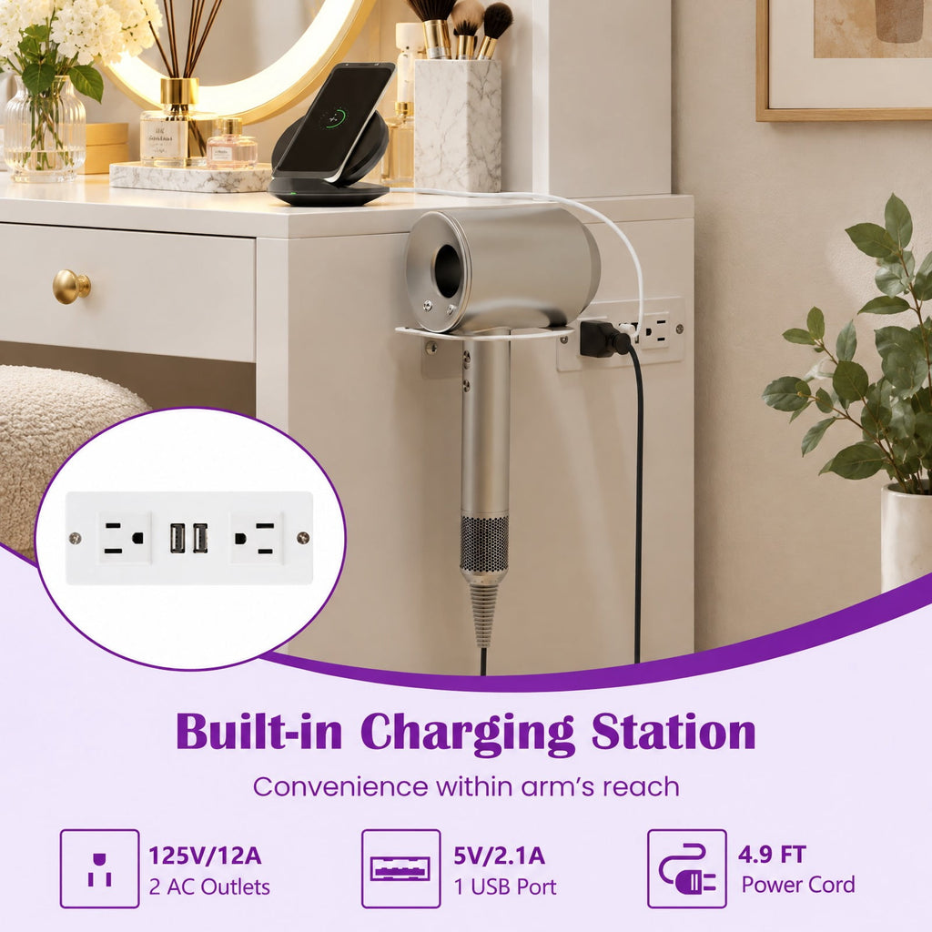 Airfind Modern Makeup Vanity Desk with Mirror and Lights and Stool Set, 110 lbs Capacity, Engineered Wood Frame, 38in x 15.5in x 53.5in Footprint