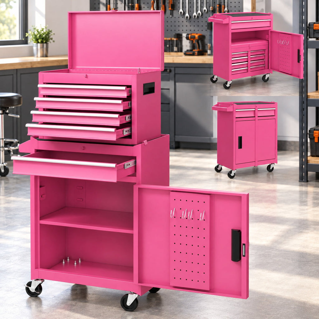Airfind 2-in-1 Rolling Tool Chest with 5 Sliding Lockable Drawers, 220.5 lbs Capacity, Steel rubber-plastic synthetic Frame, Pink Main