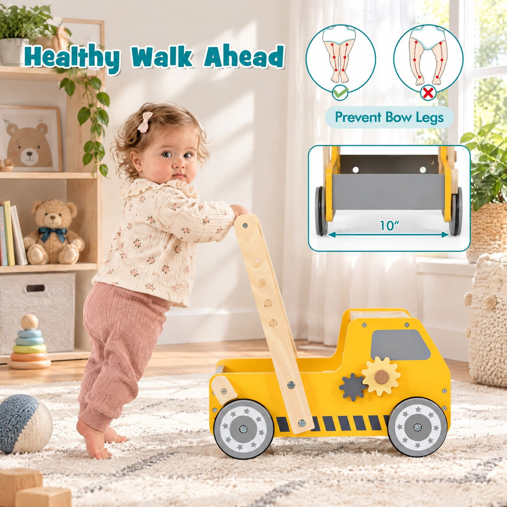 Airfind 2-in-1 Wooden Baby Walker with Adjustable Speed and Bottom Storage, MDF Frame, for 3+ Years Old, 16in x 12.5in x 16.5in Footprint, Yellow