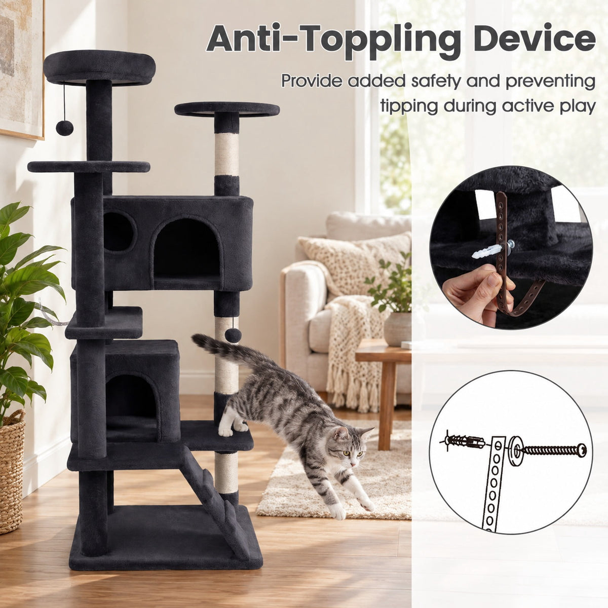 Airfind 52 Inch Tall Cat Tree Tower for Indoor Cats, 22 lbs Capacity, Engineered Wood Sponge Plush Fabric Sisal Frame, Dark Gray
