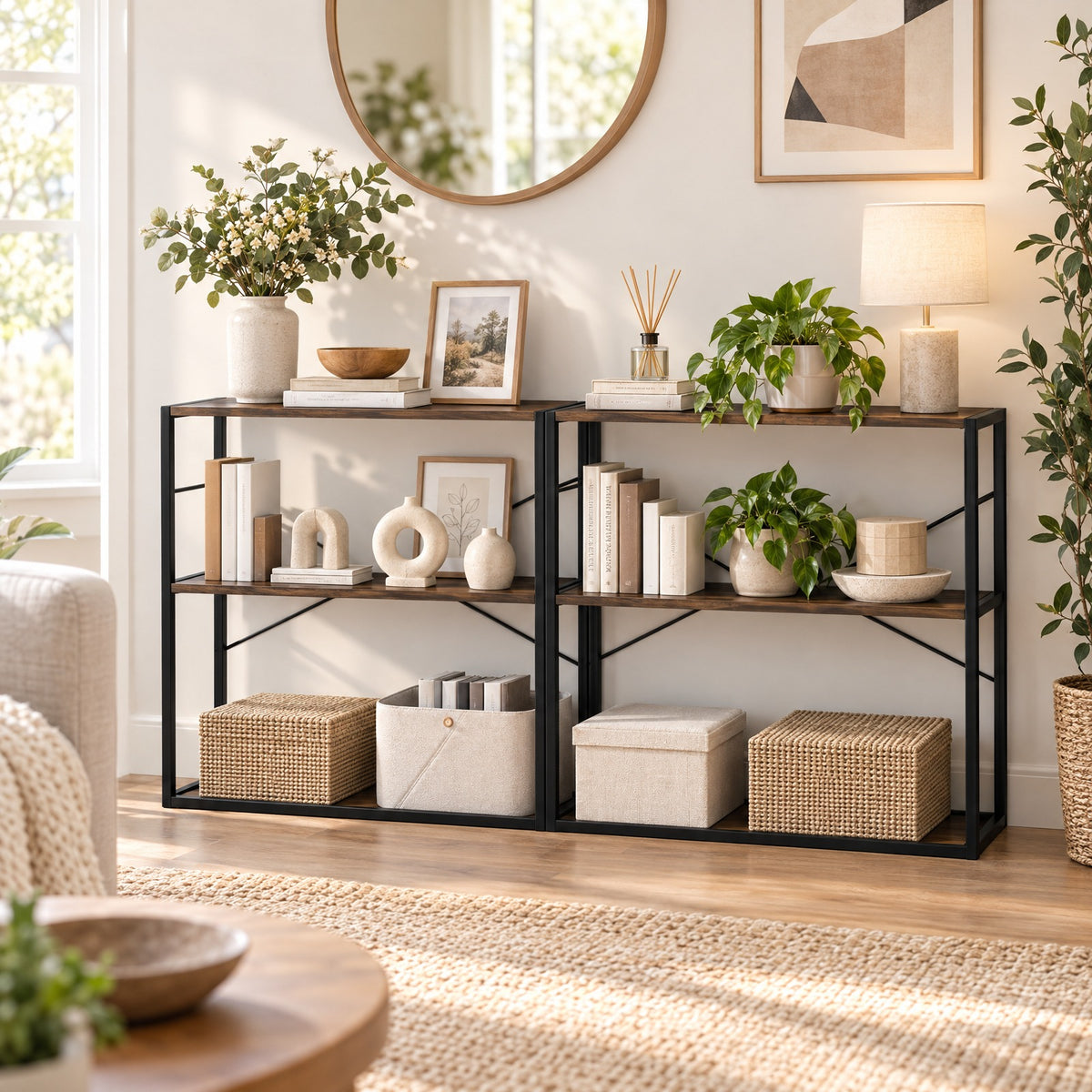 Airfind 36 Console Table 2-Tier Entryway Table with Wooden Open Shelves and Metal Frame, 66 lbs Capacity, Engineered Wood Metal Frame, Brown