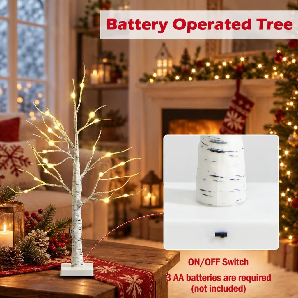 AIRFIND Artificial Birch Tree 2 ft with 24 Warm White LED Lights, Bendable Branches and Battery-Powered Base for Indoor Holiday Decor, White
