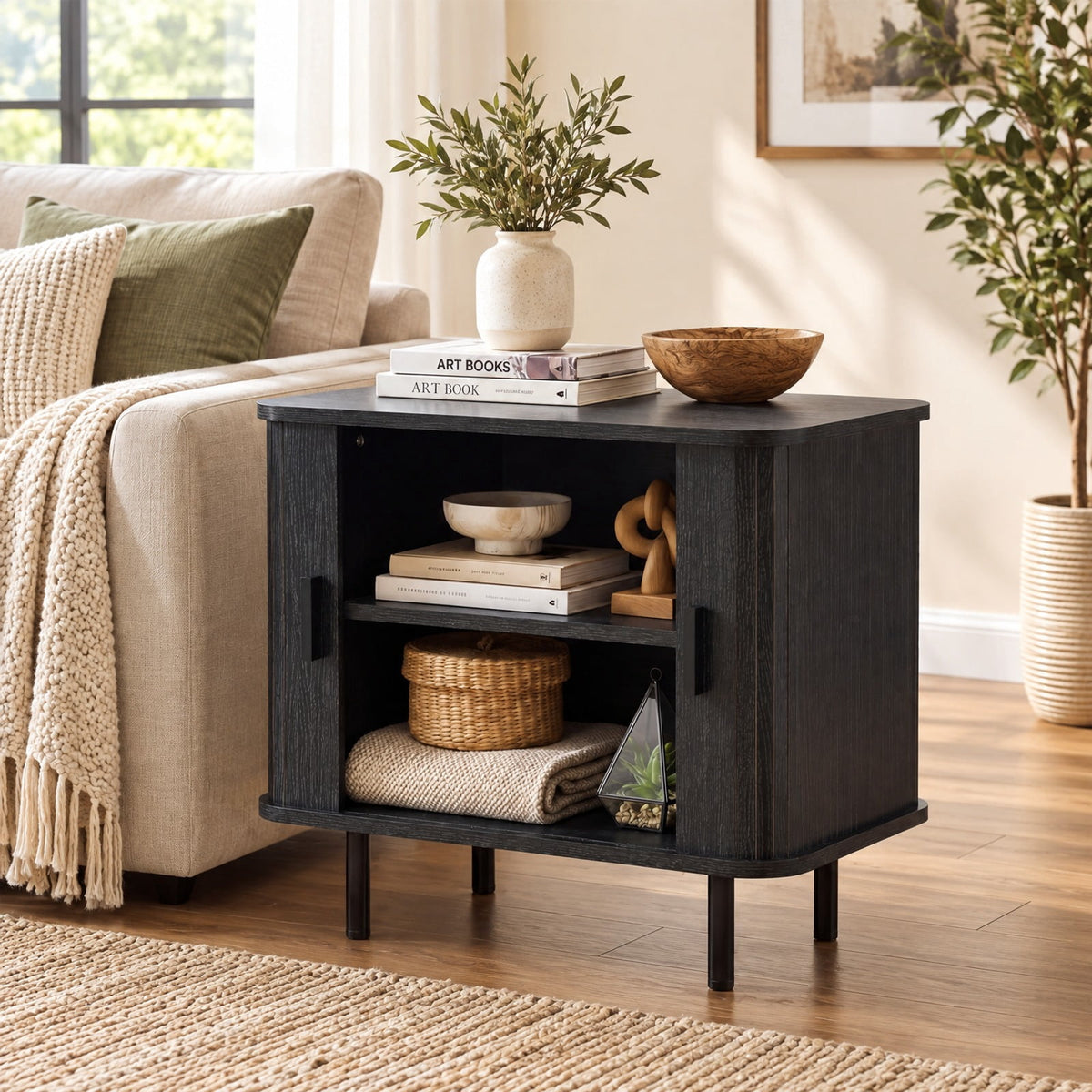 Airfind End Table Modern Mid Century Nightstand with Sliding Tambour Doors and Storage Shelf, 88 lbs Capacity, Engineered Wood MDF Metal Frame