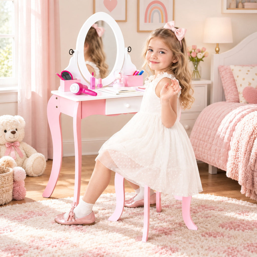Airfind Pretend Kids Vanity Set with 360° Rotatable Mirror and Play Accessories, 66 lbs Capacity, MDF Acrylic Frame, 24 x 13.5 x 40 Footprint