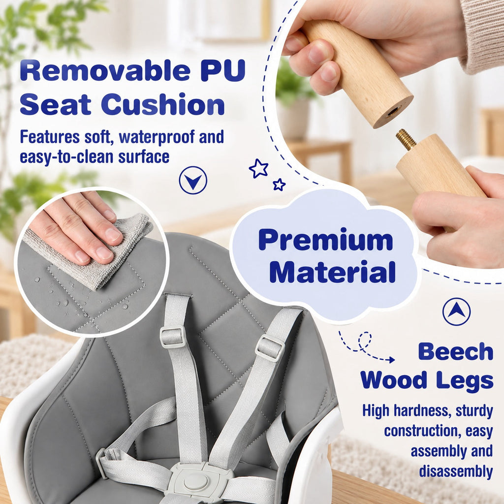 Airfind 6-in-1 Baby High Chair with Removable Dishwasher and Safe Tray, PP PU Beech Frame, 24.5 x 23 x 35.5 Footprint, White