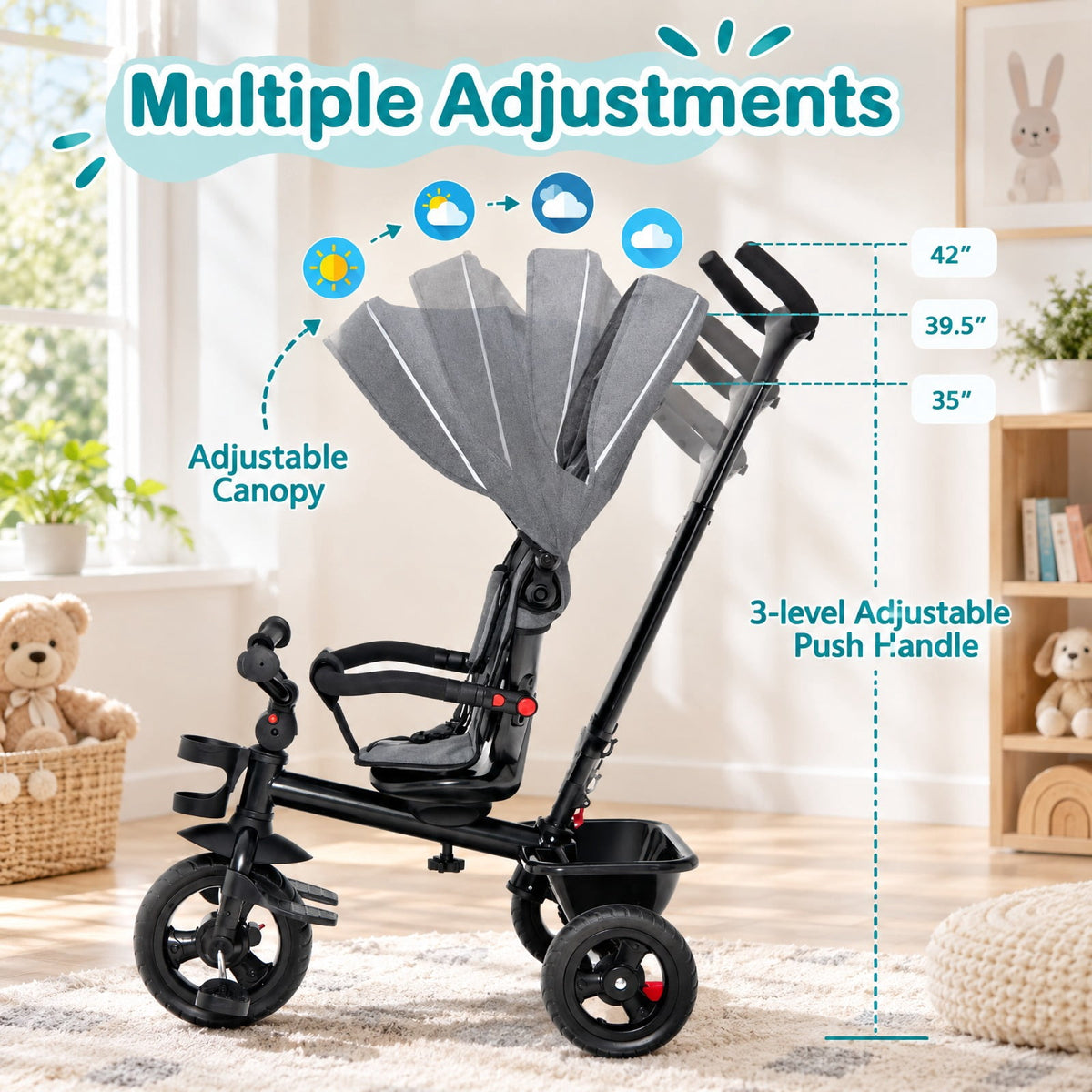 Airfind 4-in-1 Baby Tricycle Toddler Trike with Convertible Seat, 55 lbs Capacity, Steel polyester fabric PP EVA Frame, Gray