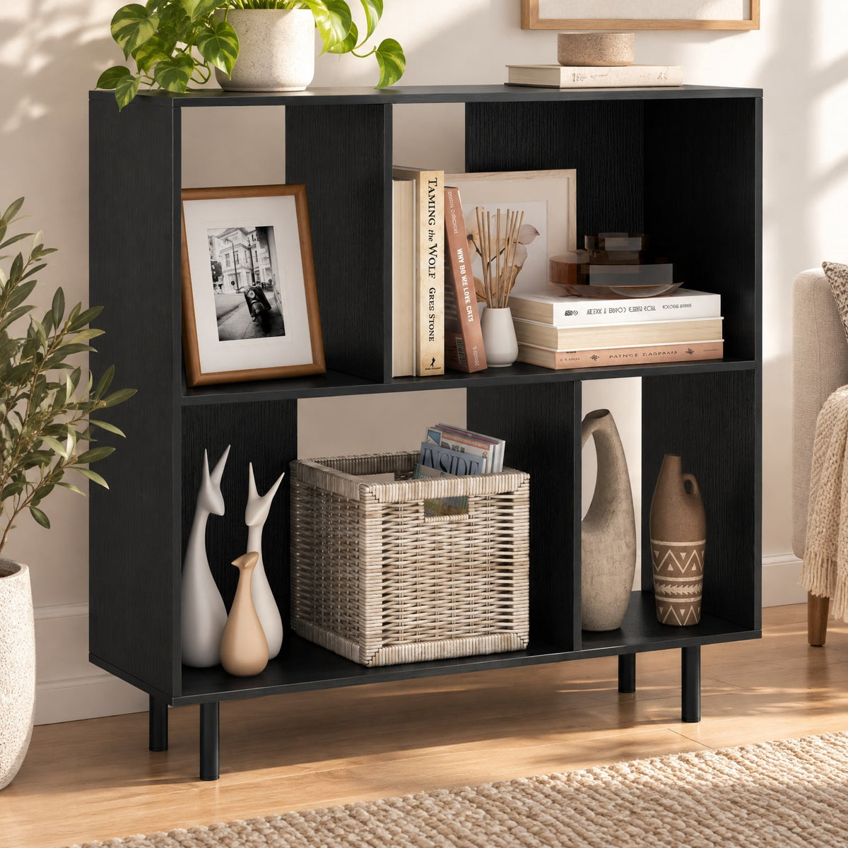 Airfind Open Shelf Bookcase with 4 Compartments, Black, 4-cube bookcase provides ample storage space, Assembly is required before use