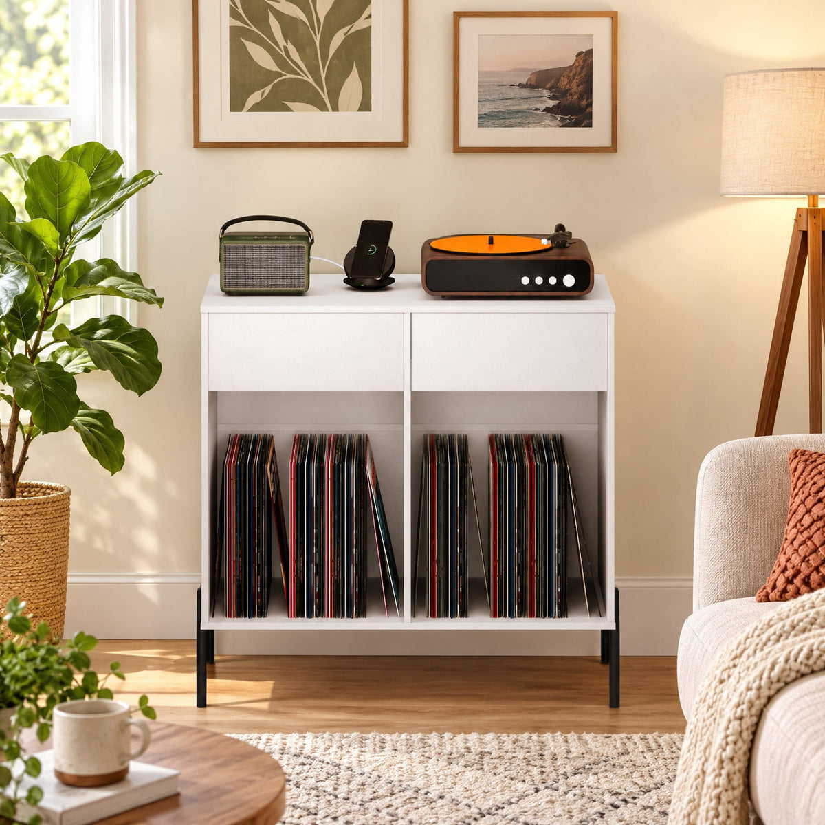 Airfind Record Player Stand with Power Outlets Double Wide Turntable Stand Vinyl Record Storage Table, 220 lbs Capacity, Engineered Wood Metal Frame