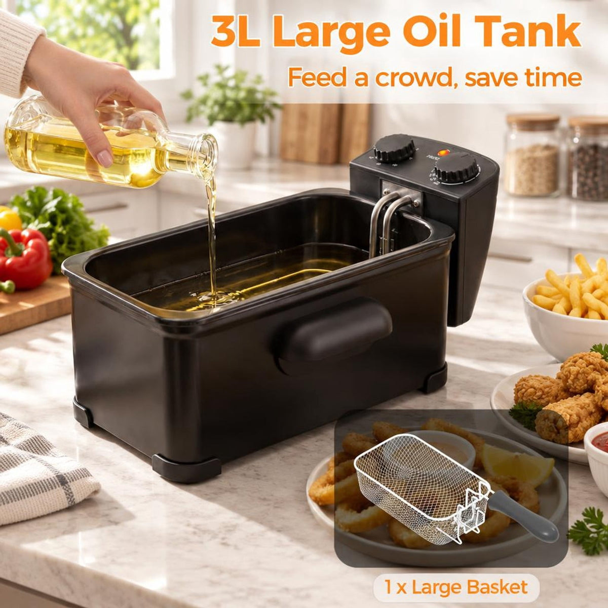 Airfind 3.2 Quart Electric Stainless Steel Deep Fryer featuring Timer, Stainless Steel Iron Frame, 21.5 Inch x 9.5 Inch x 8.5 Inch Footprint, Black