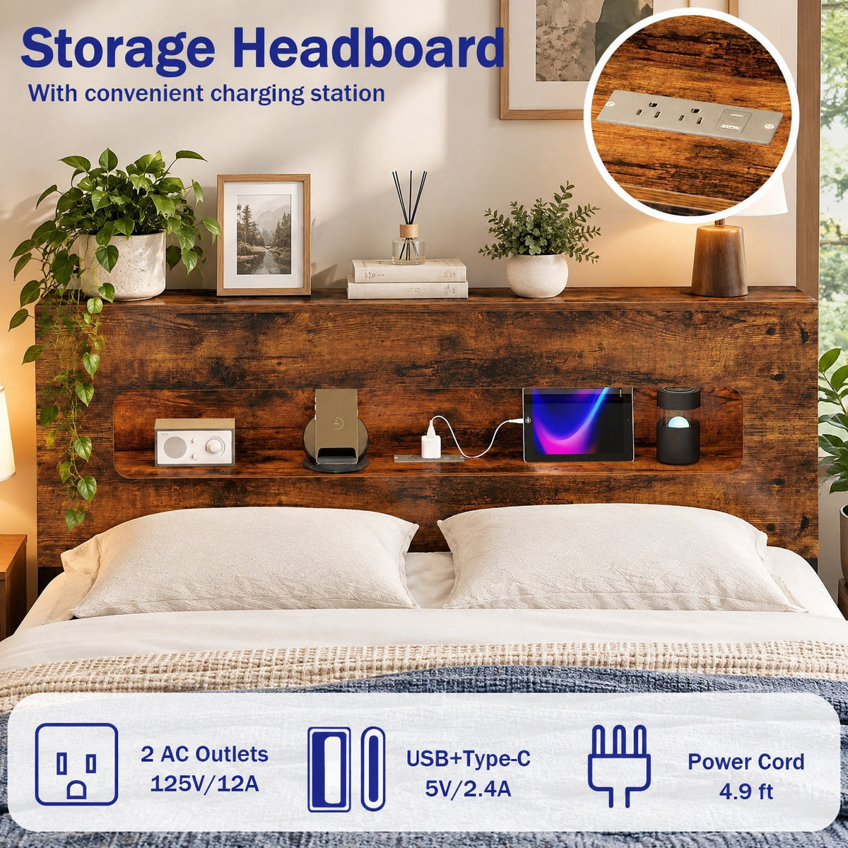 Airfind Slatted Full Bed Frame with LED Lights and Storage Headboard No Box Spring Needed, 660 lbs Capacity, Engineered Wood Metal Frame