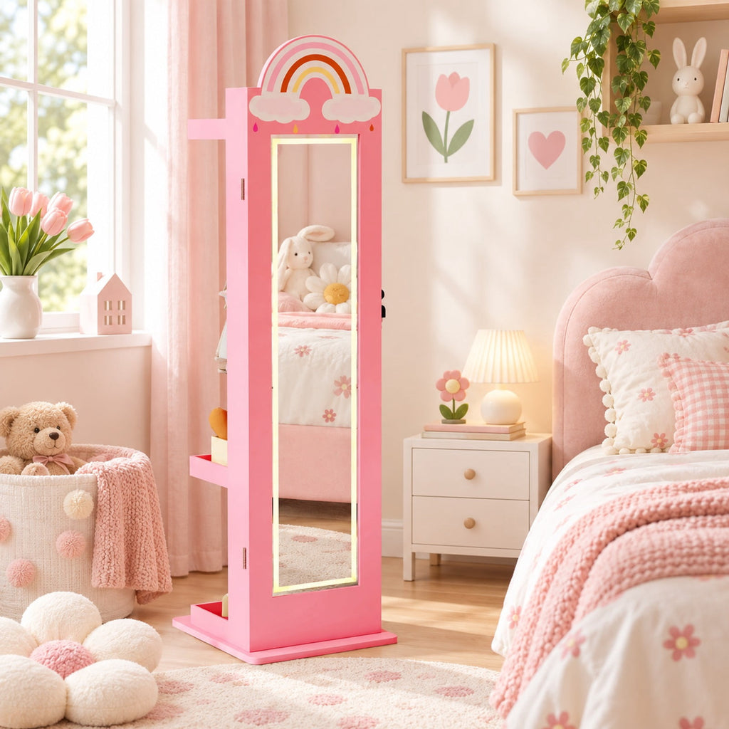 Airfind 3 In 1 Kids Jewelry Cabinet Freestanding Jewelry Armoire with 3-Color Lighted Mirror, MDF Glass Acrylic Frame, Pink