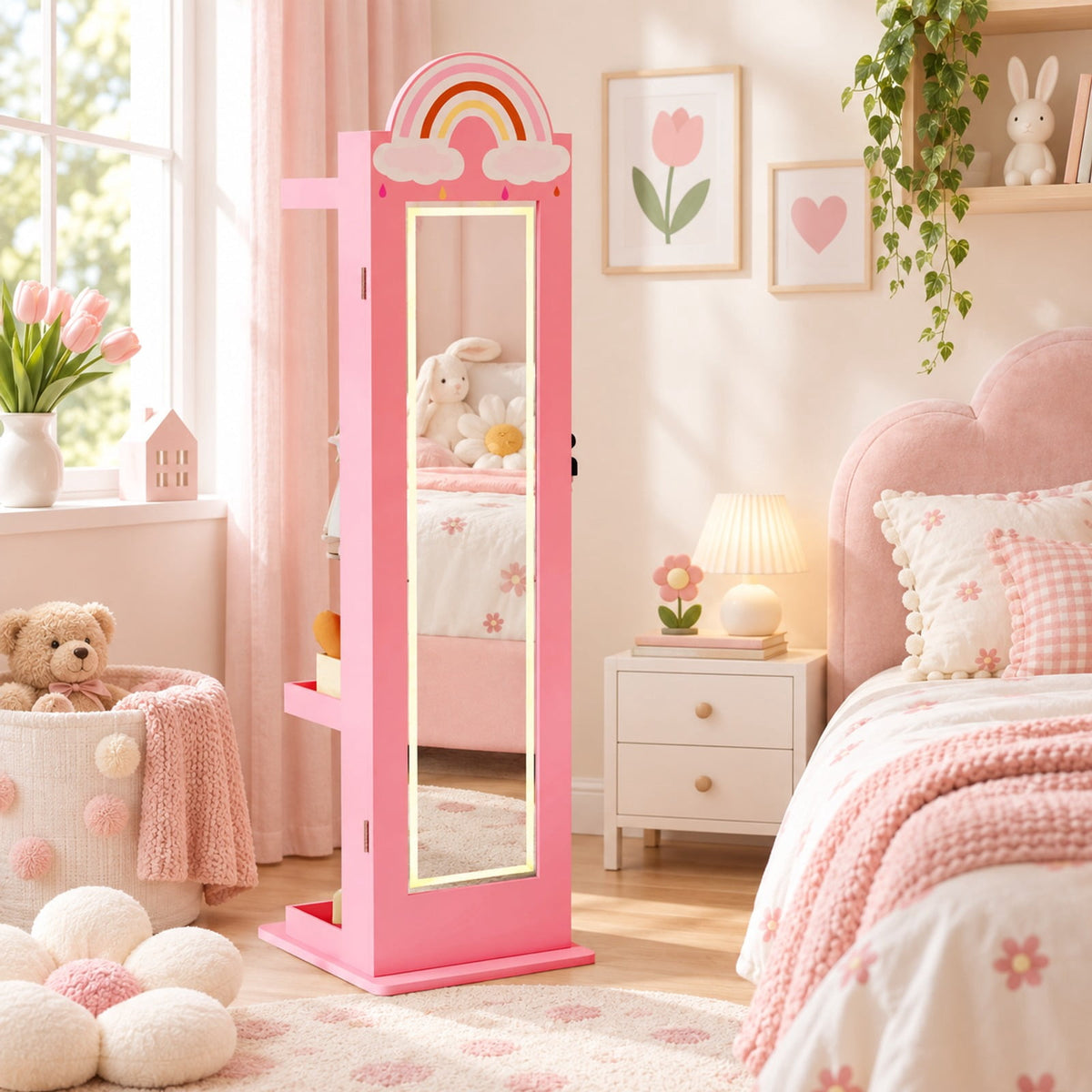 Airfind 3 In 1 Kids Jewelry Cabinet Freestanding Jewelry Armoire with 3-Color Lighted Mirror, MDF Glass Acrylic Frame, Pink