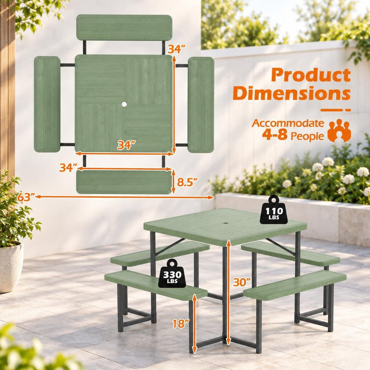 Airfind Outdoor Square Picnic Table Bench Set for 4-8 People with Umbrella Hole, Table 110 lbs Capacity, HDPE Metal Frame, 63 x 63 x 30 Footprint
