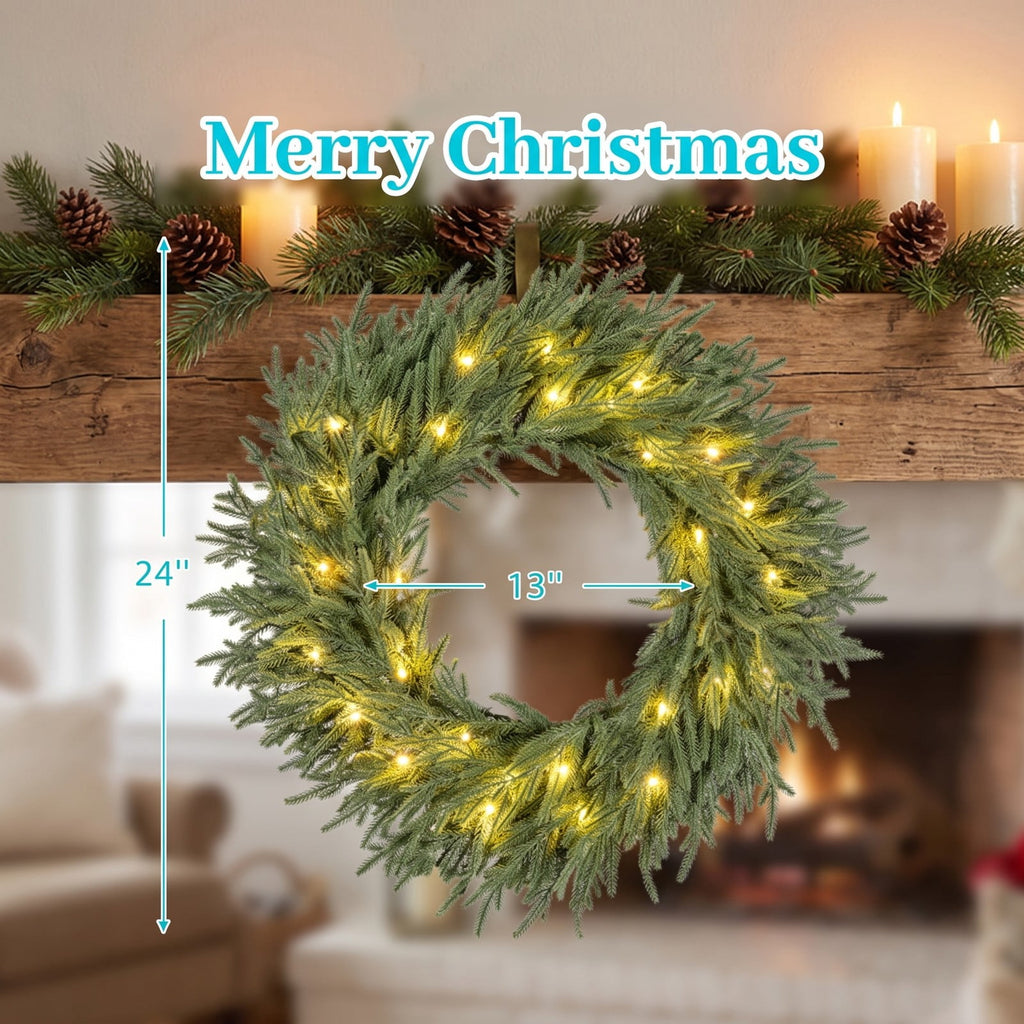 Airfind 24 Inch Pre-lit Christmas Wreath with 108 Branch Tips and 35 Warm White LED Lights for Wall Window-1 piece, TPE Metal Frame, White