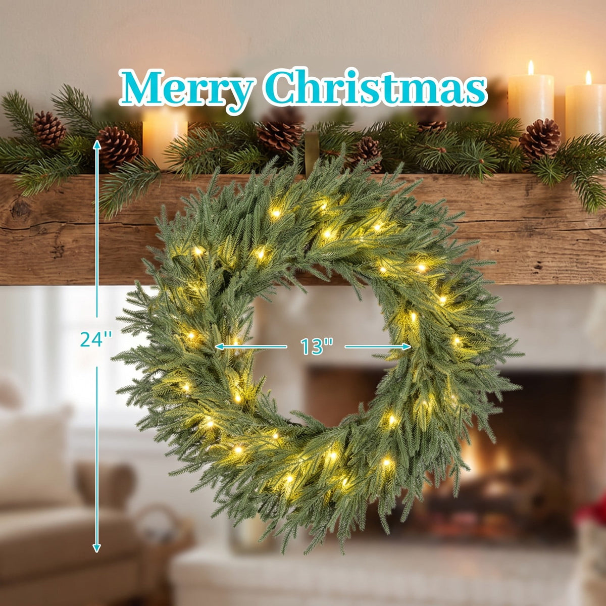 Airfind 24 Inch Pre-lit Christmas Wreath with 108 Branch Tips and 35 Warm White LED Lights for Wall Window-1 piece, TPE Metal Frame, White